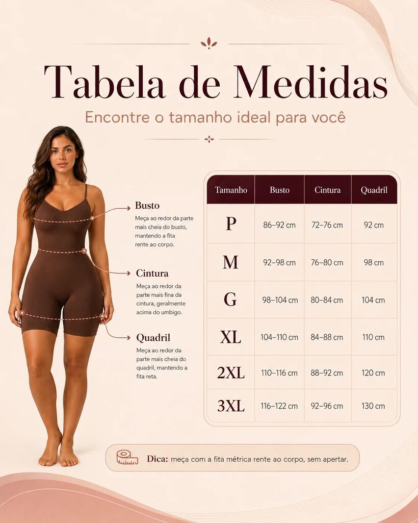 Tabela de medidas Curvella do P ao 3XL, com busto, cintura e quadril